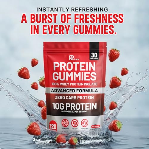 Image of Zero Carb 100% Pure Whey Isolate Protein Gummies | 300g Total Protein per Bag | 10g per Serving Plant Based with Vitamins for Men & Women | Gluten Free Non-GMO (Strawberry)