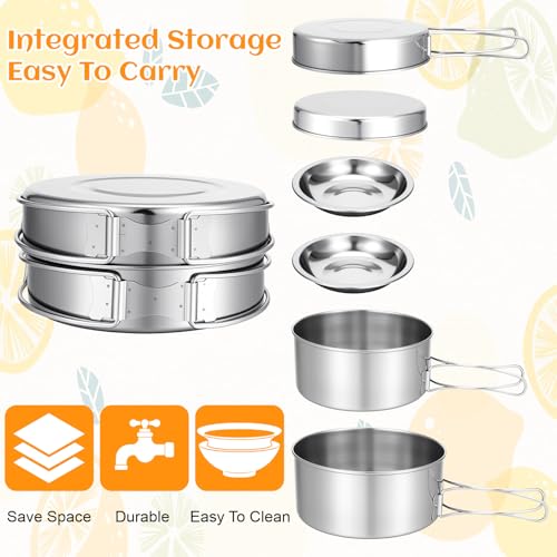 15 Pcs Camping Cookware Set, Stainless Steel Outdoor Camping Cooking Kit with Pot and Pan Cups Plates Forks Knives Spoons Kit for 1-2 Person Camping, Backpacking, Outdoor Cooking and Picnic - Image 6