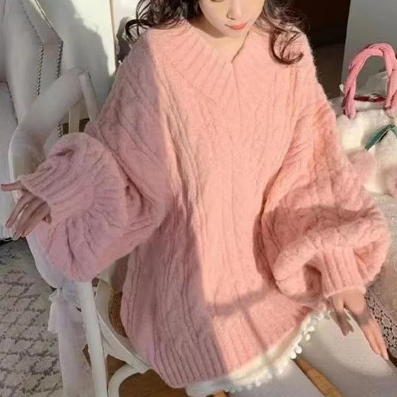 Image of Women's Y2K Oversized Chunky Cable Knit Sweater Casual Long Sleeves V Neck Pullover Tops