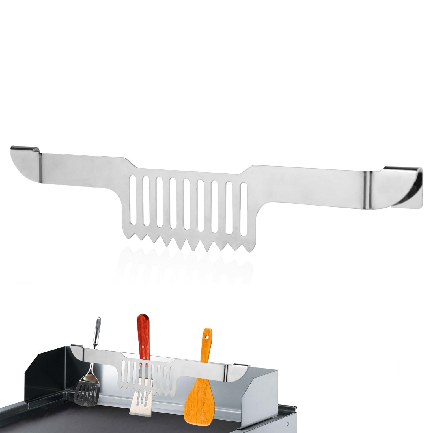 Griddle Spatula Holder for Blackstone Griddle, 11.81x2.36x0.79in Magnetic Design Stainless Steel Grease Grilling Grease Block Grease Gate Spatula Holder Barbecue Griddle Accessories Tool(Silver)