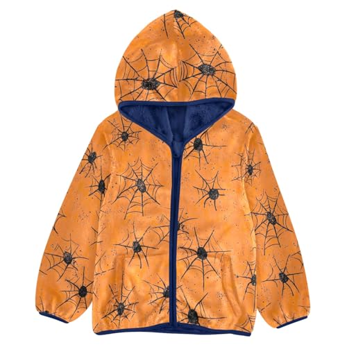 CHIFIGNO Girls Boys Fleece Jacket Cute Kids Hoodie Toddler Sweatshirt with Pockets for Toddler and Kids, Black Spiderwebs on Orange, 9-10T