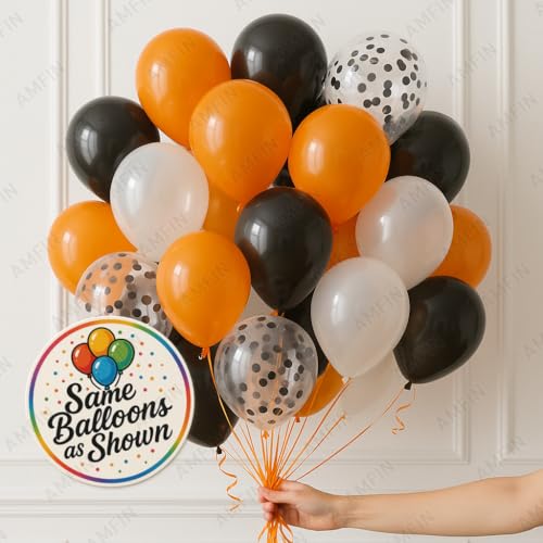 Image of AMFIN (Pack of 50) Orange, Black, White & Black Confetti Balloons with Orange Ribbon | Party Decoration Balloons for Halloween, Birthday, Anniversary, Baby Shower & Events