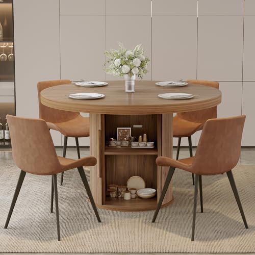 Image of HIPIHOM 5-Piece Dining Set for Small Spaces 43.3 inch Round Table & 4 PU Leather Chairs, Modern Farmhouse with Storage Shelf, Apartment Kitchen Easy Assembly (Walnut Color Round Table + 4 Brown Chairs)