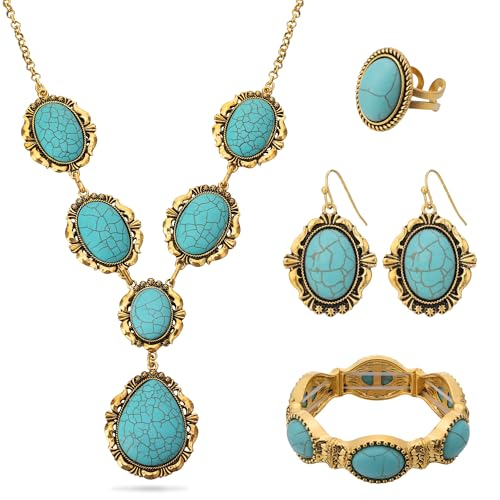 JMScape 4 PCS Western Turquoise Jewelry for Women Boho Vintage Navajo Pearl Necklace Earring Bracelet Ring Set Country Cowgirl Accessories for Gift (W-Blue)