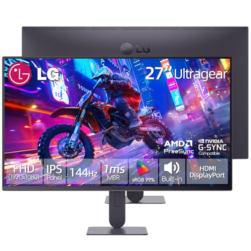 Image of LG 27 inch Ultragear Gaming Monitor, FHD 1080p IPS Display, 144Hz Refresh Rate, 1ms MBR, HDR10, NVIDIA G-Sync Compatible & AMD FreeSync, 99% sRGB, Built-in Speakers, HDMI & DP, Height & Tilt Adjustable