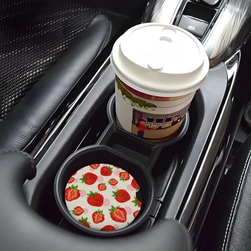 Image of Strawberry Car Coasters for Cup Holder - Absorbent Ceramic 2 Pack With Anti-Slip Cork Base and Finger Notch - Interior Accessories for Women Men 2.56 inch