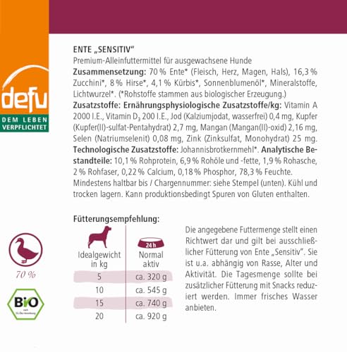 defu Hundefutter | 12 x 410 g | Bio Ente Sensitiv | Premium Bio Nassfutter Menü | Alleinfuttermittel für Hunde