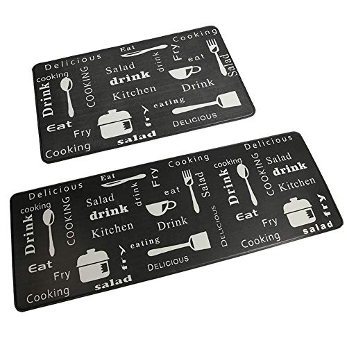 HEBE Anti Fatigue Kitchen Rug Set 2 Pieces Cushioned Kitchen Floor Mats Set Comfort Heavy Duty Standing Mats Waterproof Non Slip Kitchen Rugs and Runner Sets,Black Kitchen