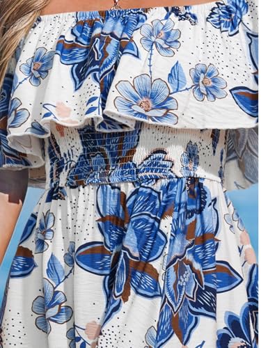 Image of CUPSHE Women Ruffle Floral Maxi Summer Dress Off Shoulder Short Sleeve Backless Flounce Bodice Slit Hem Beach Dresses