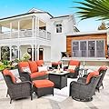 HOOOWOOO Patio Outdoor Furniture Set with Propane Fire Pit Table,9 Piece High Tilt Back Wicker Couch Sofa Set with Swivel Chair, Outside All Weather Conversation Seating Set w Ottoman(Orange Red)