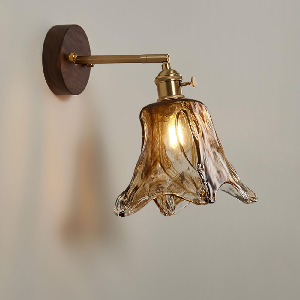 HUAYUSEDF Rustic Wall Sconce Vintage Farmhouse Light Fixtures Adjustable Amber Blown Glass Antique Hardwired Mid Century Modern Wood for Bedroom Living Room Bathroom