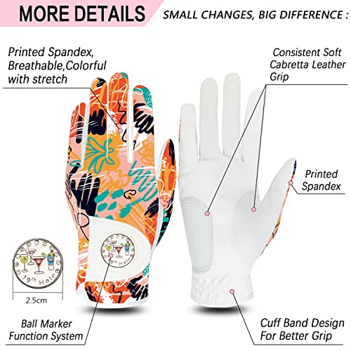 Finger Ten Golf Gloves Women Left Hand Leather With Bling Ball Marker Value Pack, Colored Glove For Right Handed Golfer All Weather Grip (Full-Orange, Large, Left) #TOP1