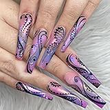 Coffin Press on Nails Long Square False Nails Black Music Note Purple False Nails Design Nail Art Su
