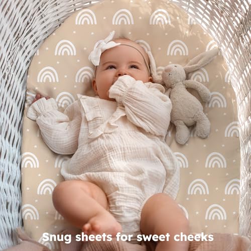 Image of Baby Bassinet Sheets, 3 Pack Fitted Bassinet Mattress Sheets, Compatible with Halo Bassinest Swivel Sleeper & Oval Hourglass Rectangle Mattress, Ultra Soft Orange Sun Rainbow
