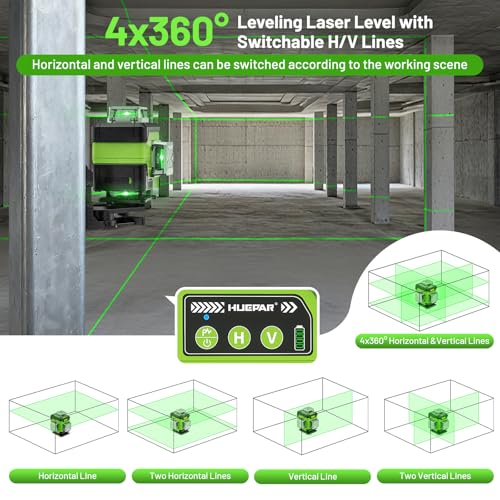 Image of Huepar Laser Level 4 * 360 Self-Leveling with LCD Screen, High Brightness Rechargeable Laser Level Machine 16 Lines for Tile, Ceiling & Wall Partition, Magnetic Mount + Hard Case Included - Y04CG