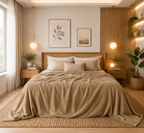 Image of SANMARINO Premium Solid Flannel Blanket for Single Bed | Super Soft Touch Plush Fleece Blanket | All Season Lightweight Yet Cozy Blanket for Bed,Sofa,Couch, Travel & Camping | 152 x228 cm (Beige)