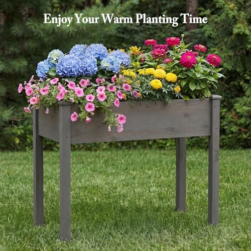 Image of DUMOS Raised Garden Bed 48x24x30 Inch, Outdoor Planter Box with Legs, Elevated Wood Garden Bed with Liner for Herbs Flowers Vegetables, Wooden Planter Box for Patio, Balcony and Backyard, Grey