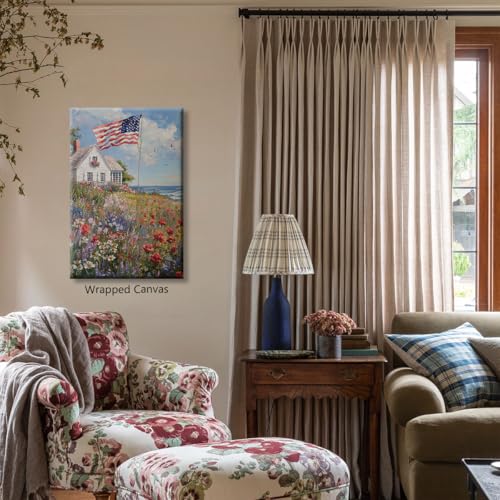Image of American Flag Canvas Wall Art, 4th of July Patriotic Poster Print, USA Flag and Coastal Wildflower Field Landscape Picture, Farmhouse Independence Day Wall Decor for Bedroom 8x12in Unframed