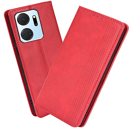 XINNI Protective Phone Case for Honor X7a, PU/TPU Vintage Flip Leather Shockproof Cover Magnetic Book Style Wallet, Red