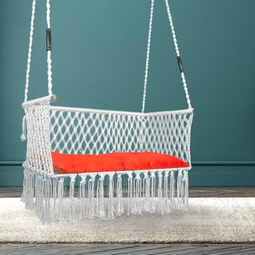 Swingzy Large Trapezium Double Seater Swing Chair/Hammock Chair for Home, Indoor, Outdoor, Garden/Hanging Hammock Swing Chair for 2 People/Jhula for Adults with Hanging KIT with Cushion-(White)