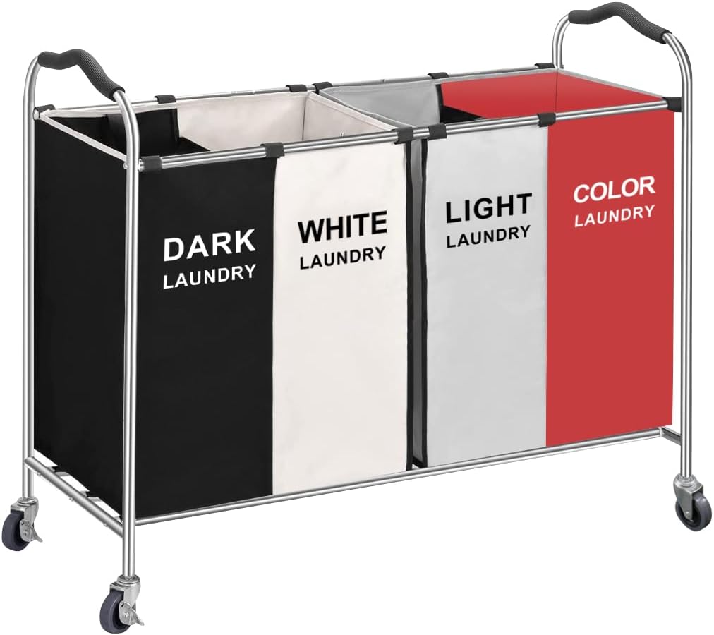 320L Laundry Basket Sorter, 4 Section Laundry Hamper Bag Storage Organizer for Dirty Clothes,16 X 30 X 40 inch Heavy Duty Laundry Cart with Wheels in Laundry Room Organization (Red)