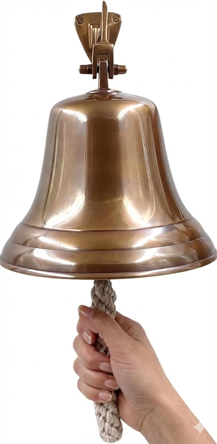 7inch Solid Brass Wall Mounted Ship Hanging Bell Antique Brass Bell for Reception, School, Outdoor,Indoor, Dinner & Chruch by The Metal Magician