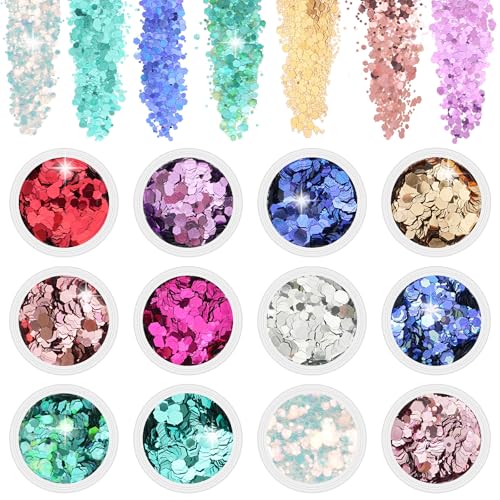 Purpurina Polvo, 12 Colores Conjunto de Purpurina para Glitter Maquillaje, Acrilico Chunky Glitter, Festival Brillantes para Ojos, Cara, Cuerpo, Pelo, Uñas, para Manualidades Brillante Decoración (B)