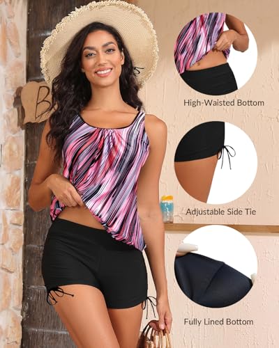 Image of Yonique Blouson Tankini Swimsuits for Women 2 Piece Bathing Suits Tops with Boyshorts Modest Loose Fit Swimwear