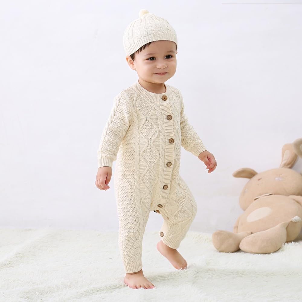 Baby Newborn Boy Knitted Sweater Romper Cotton Longsleeve Outfit with Kids Winter Warm Hats Set - Image 5