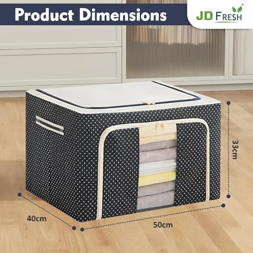 Image of JD FRESH 2 Pcs 66 Liters Foldable Steel Frame Cloth Organizer for Storage /Wardrobe Organizer for Storage /almirah organiser for Sarees /Shirts /Blankets /Clothes Storage Box with Handle - (Blue)