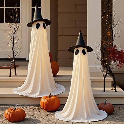 2 Packs Halloween Decorations Outdoor, 5Ft Wind-Resistant Ghost Decor with USB String Lights, Scary Door Decoration Outside Euipped Waterbags & Hats, Ideal for Indoor Party Porch Yard Garden Lawn