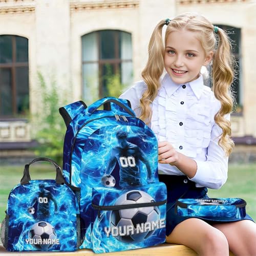 Custom Boys Backpack With Lunch Box, 3PCS Soccer Backpacks Matching Combo for Kids, Sport Blue 17 Inch Bookbag and Pencil Pouch Bundle for Primary School3