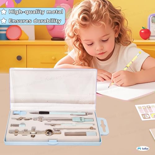 Image of FunBlast Metal Compass Set 9 Pcs - Geometry Box with Protractor, Set Squares, Ruler, Compasses, Ruler Sets, Instrument Box, Math Geometry Kit for Student & Professional (Blue)
