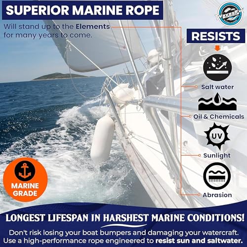 Image of WavesRx Premium Fender Line 3 /8'' x 6' (4 Pack) | Double Braided Nylon Boat Dock Lines and Ropes for Docking Buoys & Fenders | Marine Dock Ropes for Boats, Pontoons | Boat Ropes for Docking with Loop