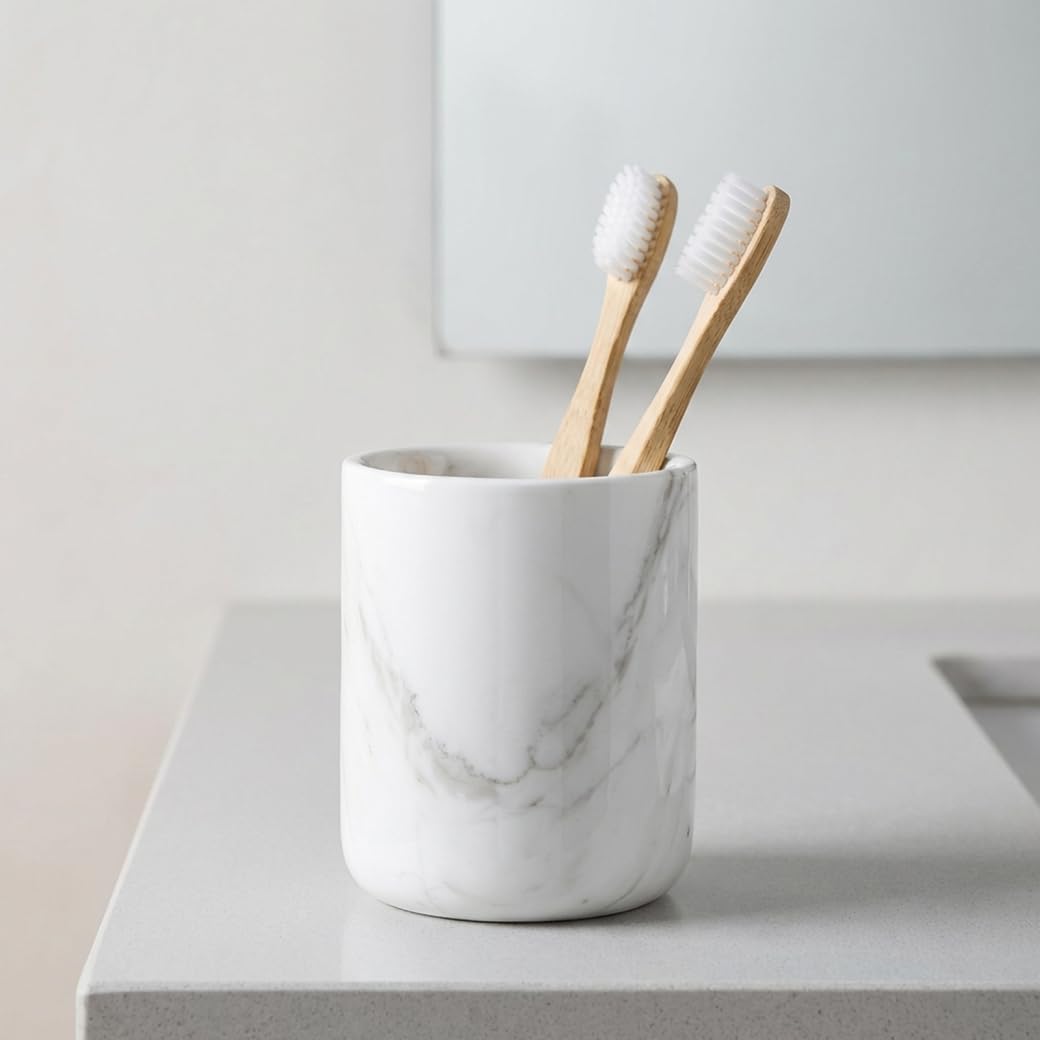 Marble Toothbrush Holder, White Marble Toothbrush Cup with Veined Texture, Minimalist Stone Holder for Countertop, Vanity, Modern Home Decor, Indoor Outdoor