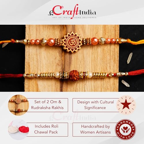 Image of eCraftIndia Set of 2 Om & Rudraksha Rakhis with Roli Pack - Rakhi for Brother