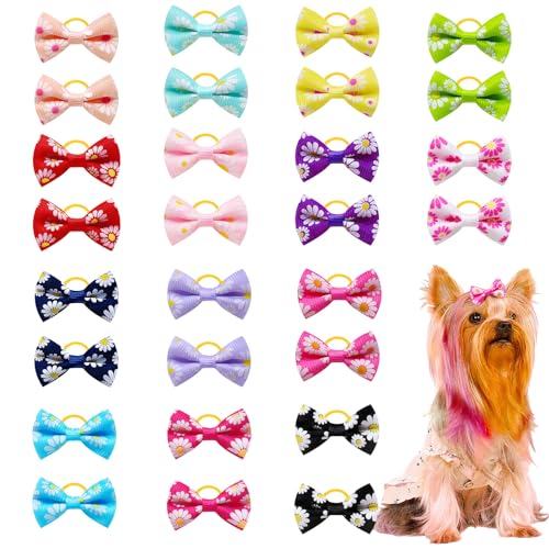 Symphonyw Dog Hair Bows, 28 Pcs Daisy Flower Dog Hair Bows with Elastic Rubber Bands
