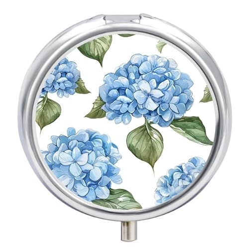 Portable Pill Organizer Small Pill Box Blue Hydrangea Pattern 3 Compartment Medicine Vitamin Organizer Travel Medicine Organizer with Mirror & Button Closure Cute Medication Case for Purse