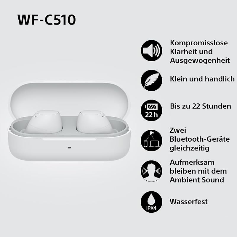 Sony WF-C510 Bluetooth Fülhallgató Multipoint Kapcsolat, IPX4 Vízálló, 22 Óra Akkumulátor - White, WF-C510