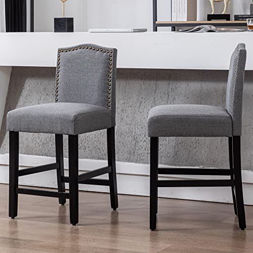 Gotminsi Grey Counter Height Bar Stool 24 Inches Upholstered Back Barstool With Antique Gold Nail Heads Solid Wood Set Of 2 Counter Height Bar Chairs #TOP6
