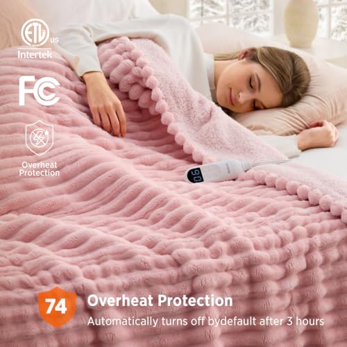 Image of Bedsure Thick Electric Blanket Twin, Pink Heated Blanket Throw with Preheat