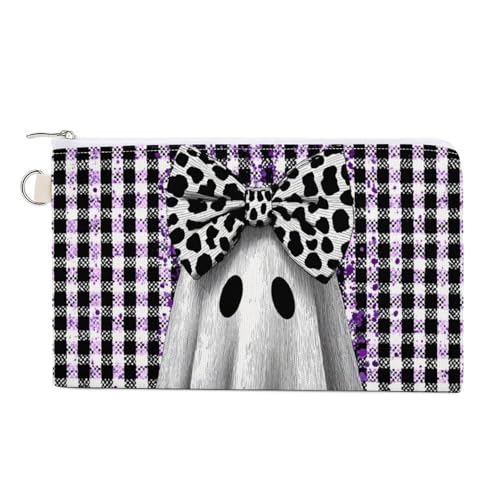 Jubonexis Cartera de lona, monedero con estampado de cubo de calabaza púrpura fantasma, monedero con cremallera, pequeña bolsa de cosméticos
