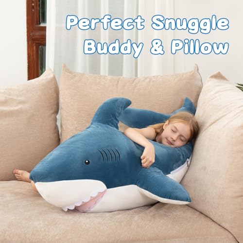 Image of MorisMos 51inch Giant Shark Stuffed Animal, Large Shark Plush Toy Pillow Gift for Kids, Girlfriend, Blue