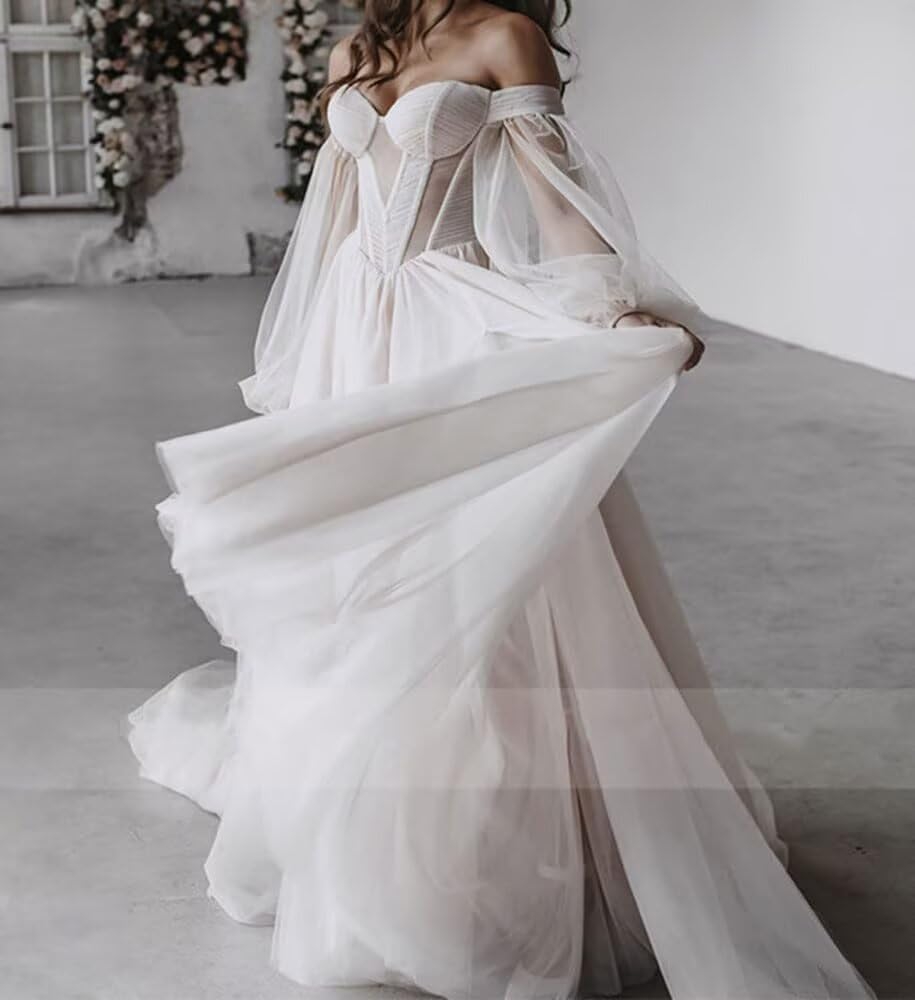 CWOAPO Puffy Sleeve Prom Dresses Tulle Long Ball Gown Off Shoulder Corset Wedding Dress for Women Formal Evening Gowns - Image 4