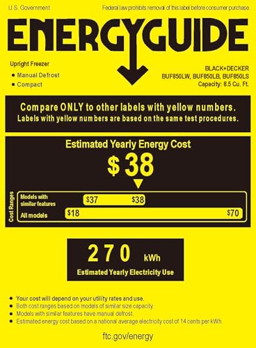 BLACK+DECKER 8.5 Cu. Ft. Upright Freezer, Stand Up Freezer with Mechanical Temperature Control, Freezer Upright with 3 Shelves and 4 Door Bins, Manual Defrost, R600a Refrigerant, BUF850LB, Black on Fridge.com