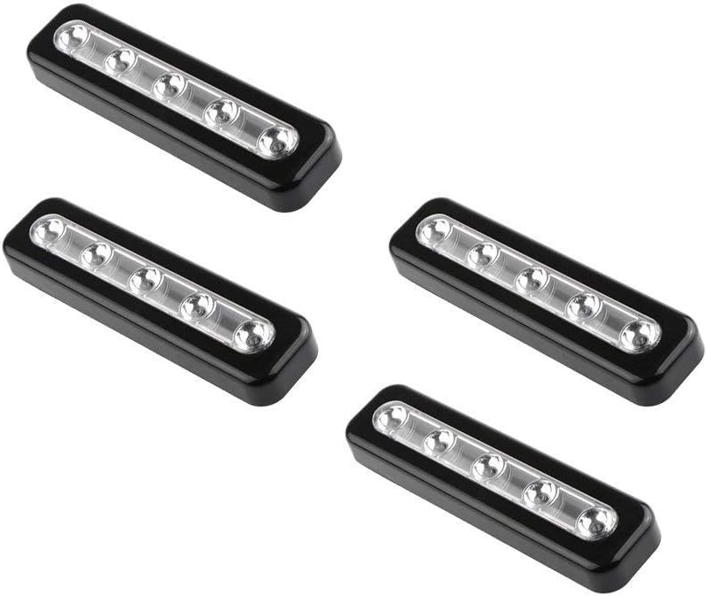 OnerbuyPack of 4 Battery Powered LED Touch Light DIY Stick-on Anywhere 5-LED Tap Light Push Night Lamp for Closets, Cabinets, Cupboard, Hallway, Stairs(Black)