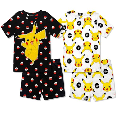 Pokmon Boys Pajama Set - 4 Piece Short Sleeve & Shorts Pajama Set - 100% Cotton PJs Snug-Fit Kids Summer Pajamas White Black