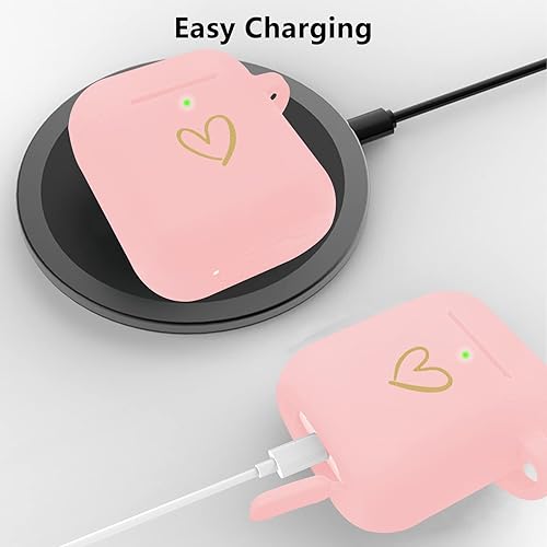 Miniatura 10 de Funda compatible con AirPods, funda de silicona suave con patrón de corazón dorado para AirPods de 2 y 1 generación con llavero de letra A-Z