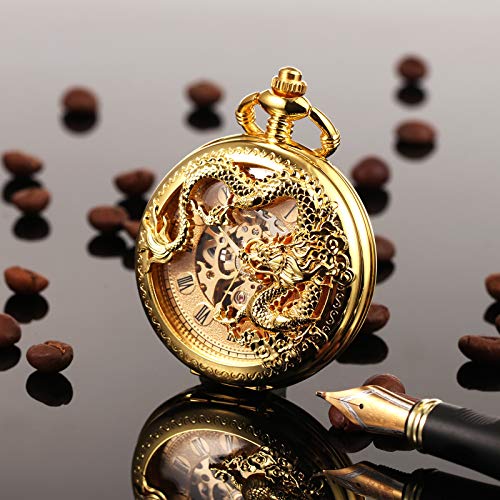 Treeweto Mens Antique Skeleton Mechanical Golden Pocket Watch Dragon Hollow Hunter With Chain And Box #TOP5