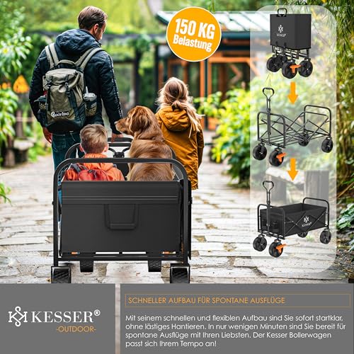 KESSER® Bollerwagen faltbar Handwagen Transportkarre max. 150kg Tragkraft & 360° PVC-Reifen Gerätewagen inkl. 2 Netztaschen, Seitentasche & Abdeckung Transportwagen Gartenanhänger ohne Dach, Schwarz